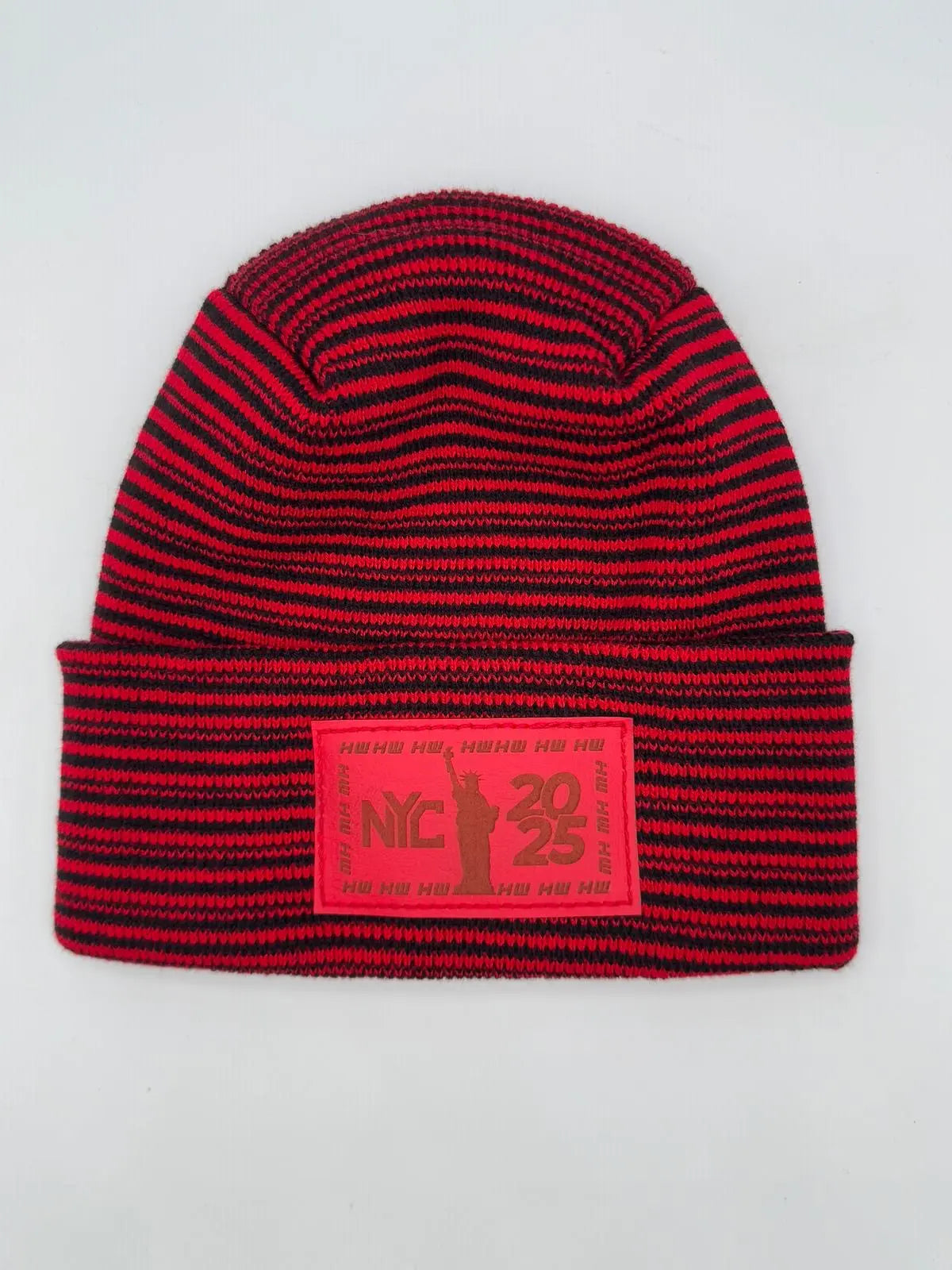 Haakwear NEW YEAR 2025 NYC, Modern H Stitch Contrast Cuffed Beanie / Hat (Patent Pending Design) Black / Red, Made in USA (Limited Edition)