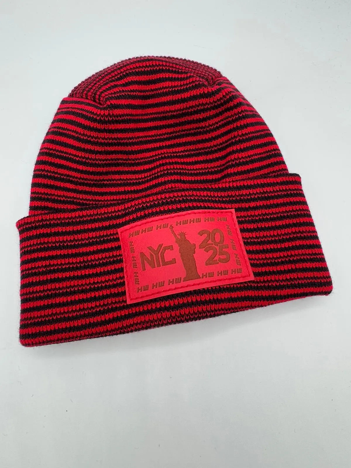 Haakwear NEW YEAR 2025 NYC, Modern H Stitch Contrast Cuffed Beanie / Hat (Patent Pending Design) Black / Red, Made in USA (Limited Edition)