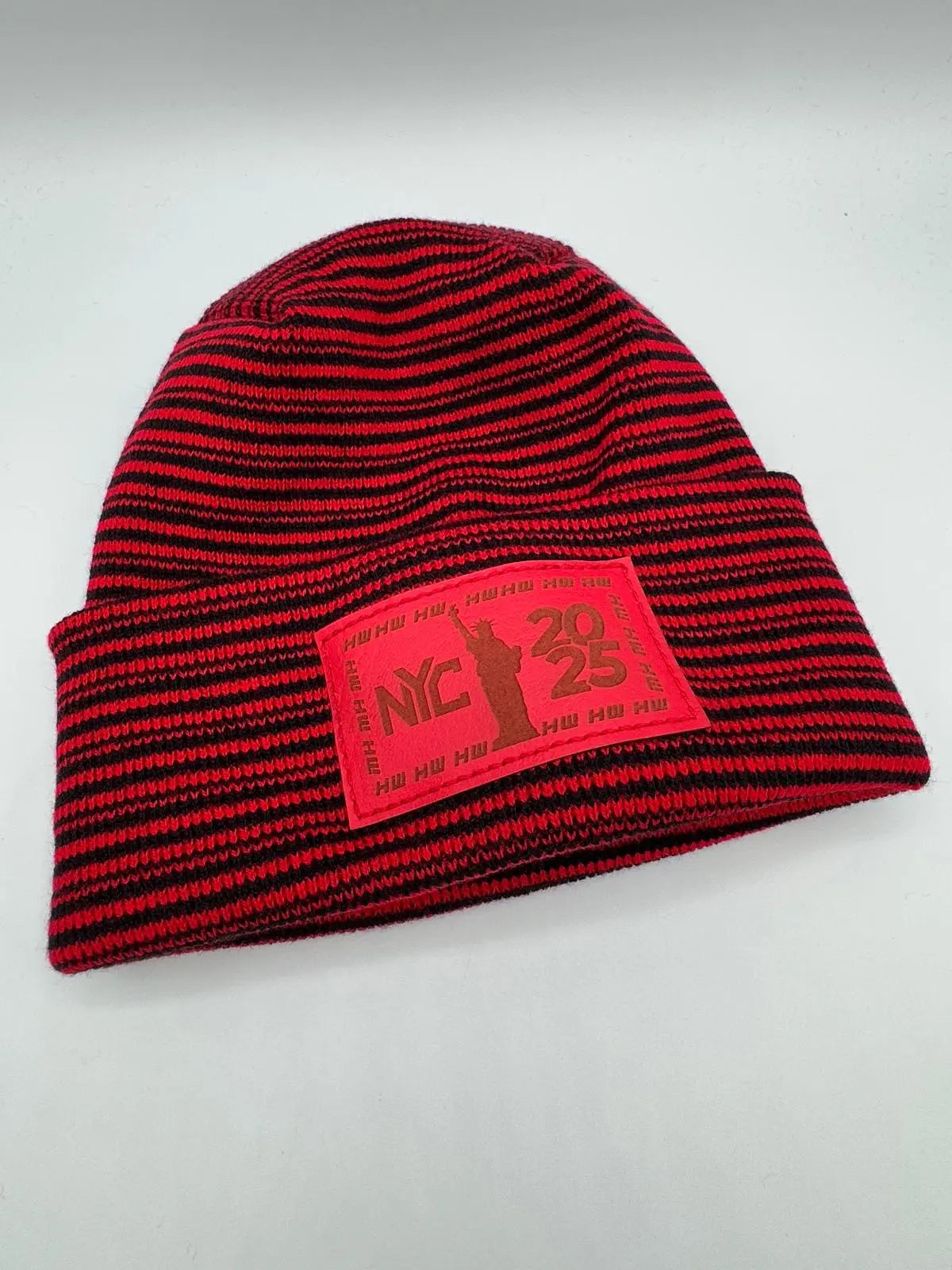 Haakwear NEW YEAR 2025 NYC, Modern H Stitch Contrast Cuffed Beanie / Hat (Patent Pending Design) Black / Red, Made in USA (Limited Edition)