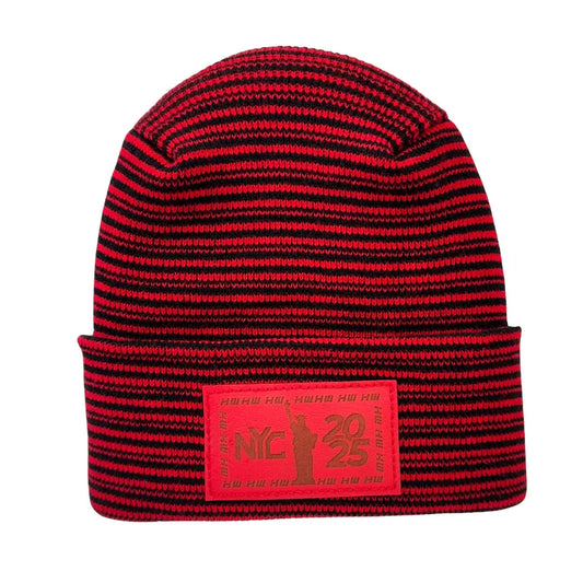 Haakwear NEW YEAR 2025 NYC, Modern H Stitch Contrast Cuffed Beanie / Hat (Patent Pending Design) Black / Red, Made in USA (Limited Edition)