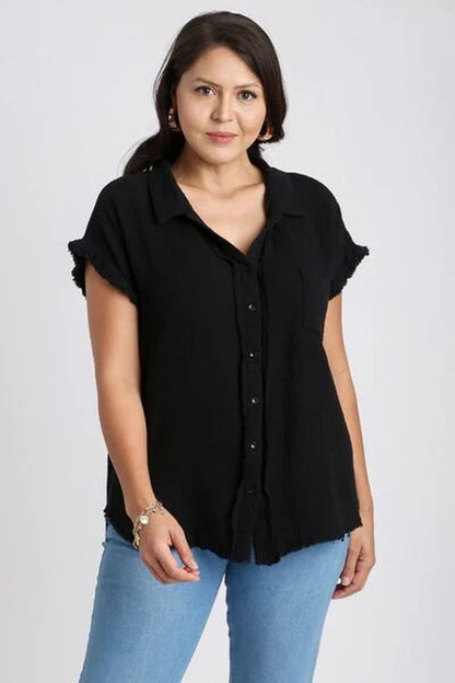 Umgee Full Size Frayed Hem Collared Neck Short Sleeve Shirt plus Size