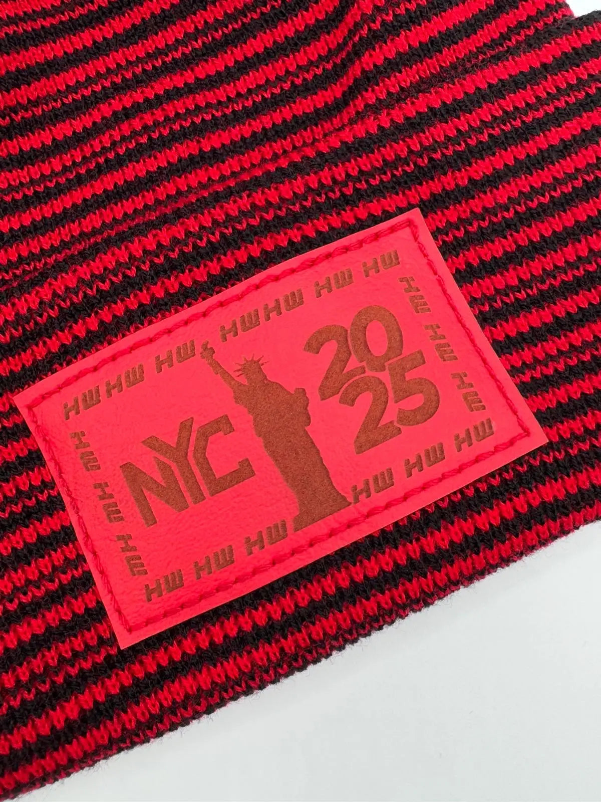 Haakwear NEW YEAR 2025 NYC, Modern H Stitch Contrast Cuffed Beanie / Hat (Patent Pending Design) Black / Red, Made in USA (Limited Edition)