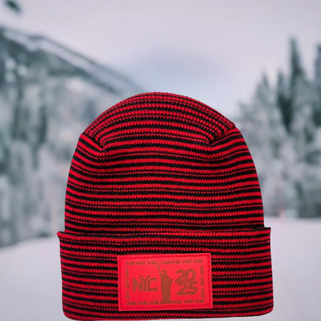 Haakwear NEW YEAR 2025 NYC, Modern H Stitch Contrast Cuffed Beanie / Hat (Patent Pending Design) Black / Red, Made in USA (Limited Edition)